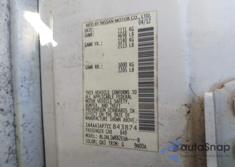 2012 Nissan Maxima 3.5 Sv z USA, uszkodzony, nr VIN 1N4AA5AP7CC843874